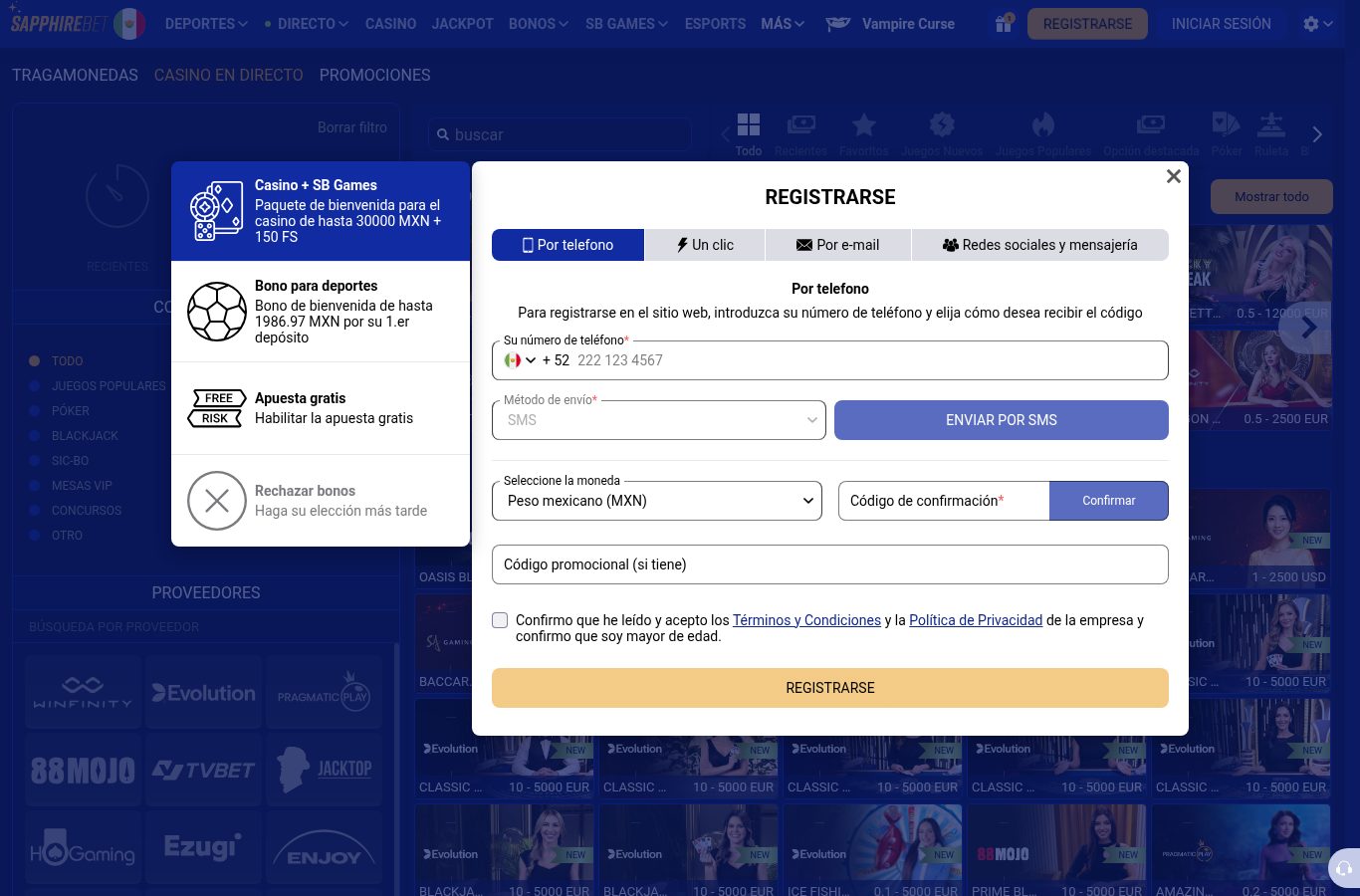 Sección de casino de Sapphirebet vista desde México (agosto 2026)
