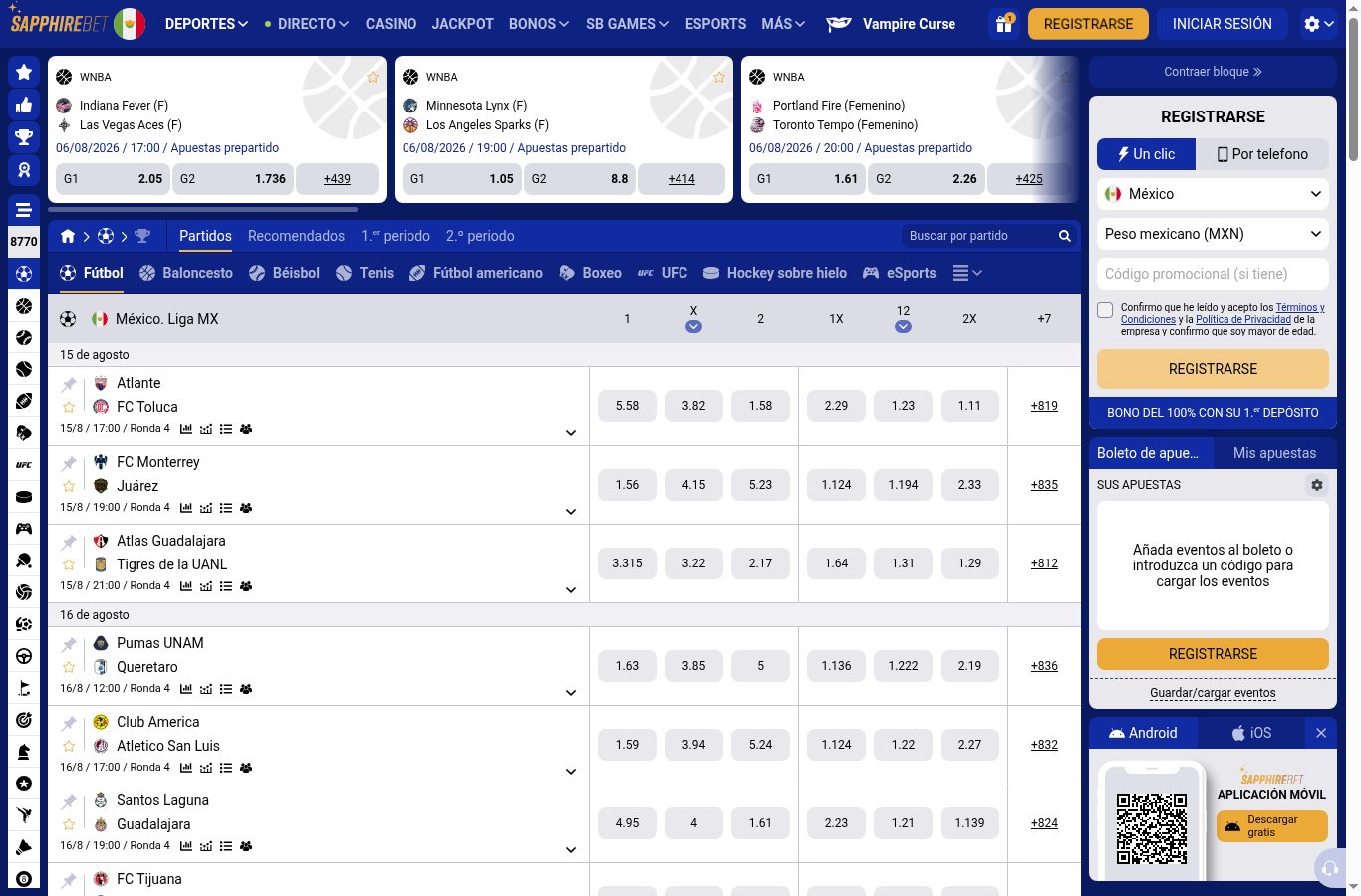 Sección de apuestas deportivas de Sapphirebet vista desde México (agosto 2026)