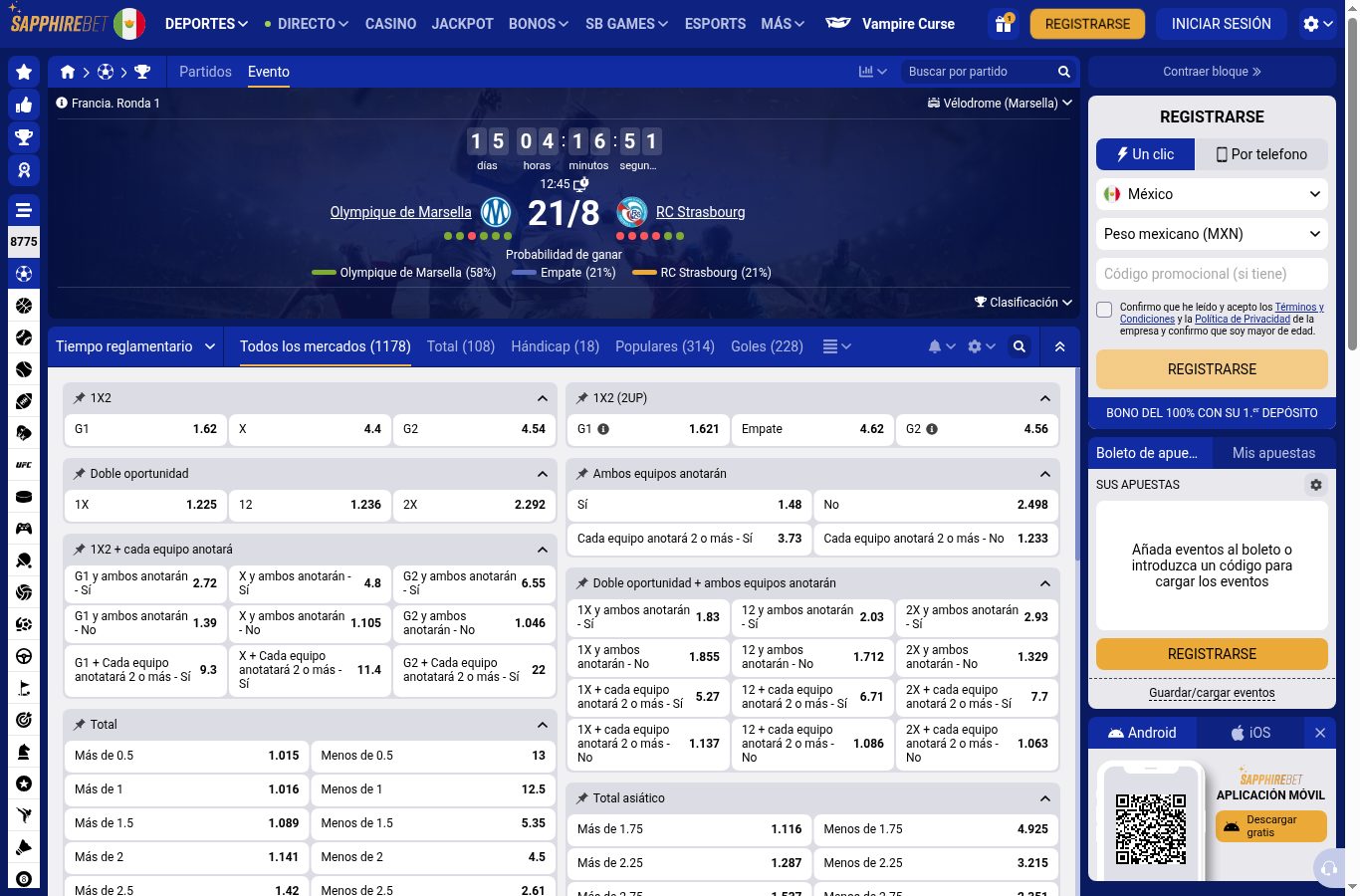 Mercados de apuestas de un partido de fútbol en Sapphirebet (agosto 2026)