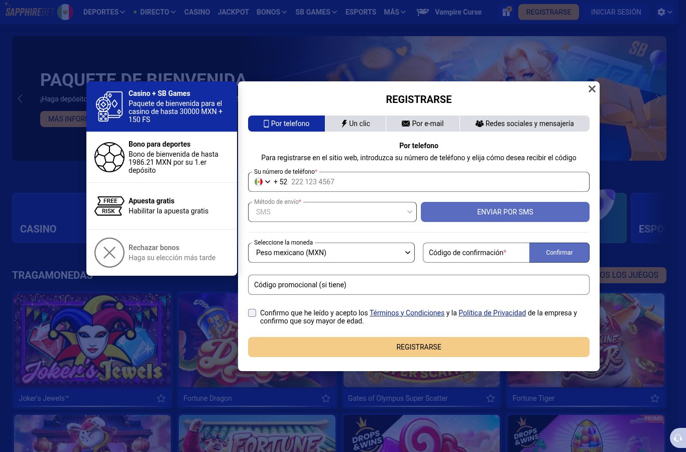 Formulario de registro de Sapphirebet visto desde México (agosto 2026)