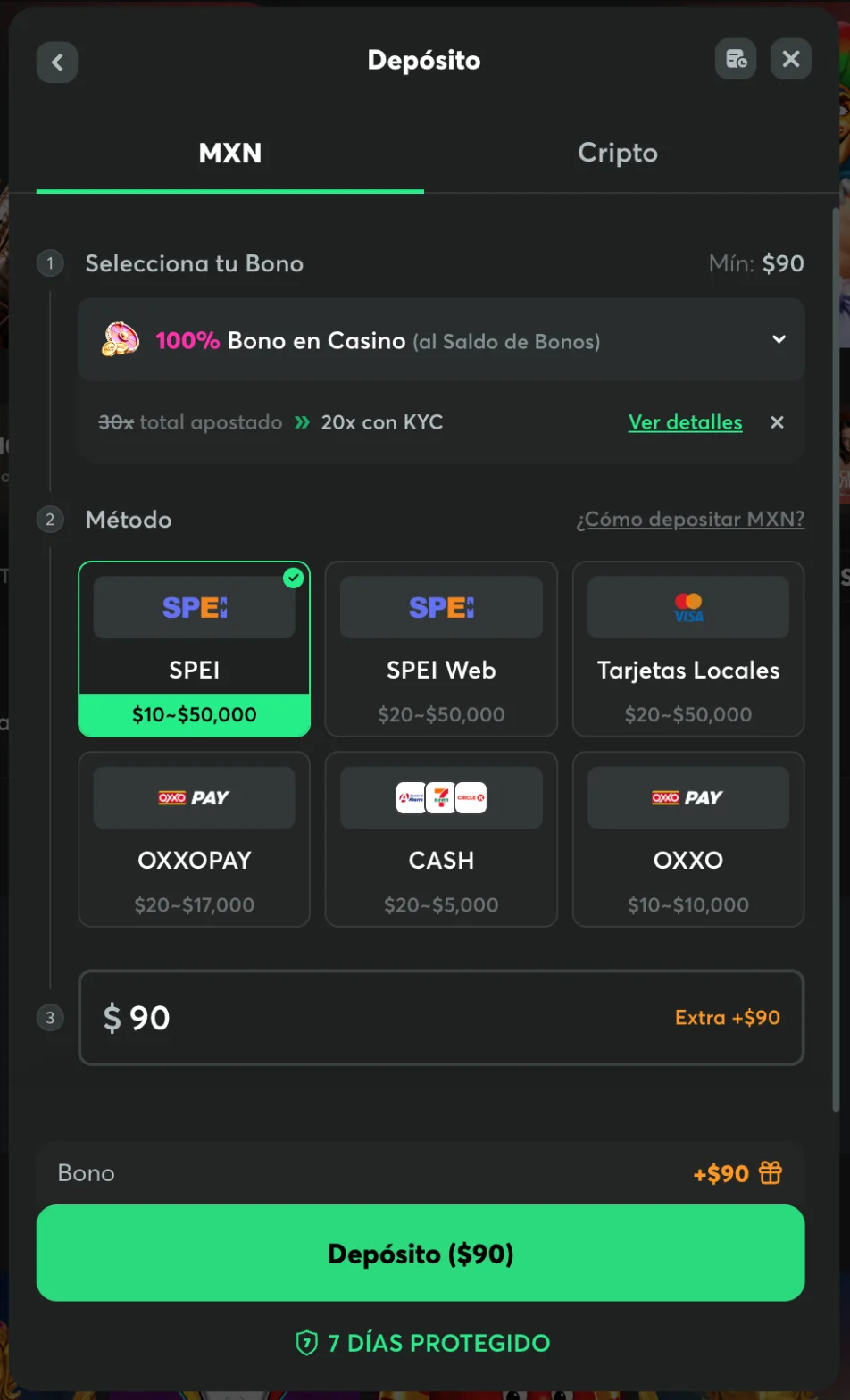 Pantalla de depósito de BC.Game en pesos mexicanos con SPEI, tarjetas locales, OXXOPAY, CASH y OXXO