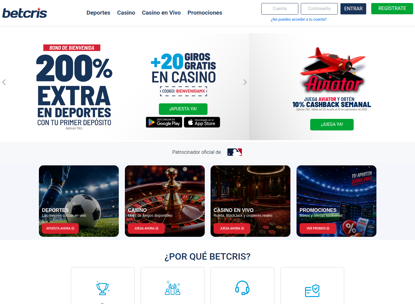 Portada de Betcris Mexico: 200% extra en deportes y 20 giros gratis en casino