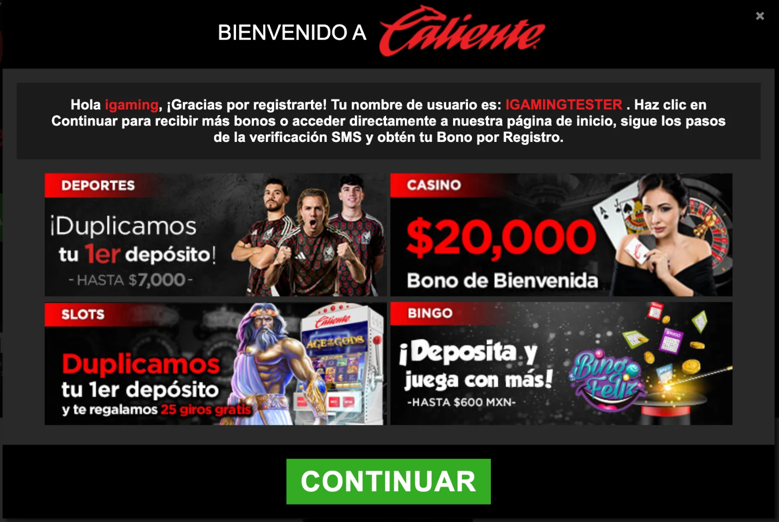 Pantalla de bienvenida de Caliente con los bonos de deportes, casino, slots y bingo