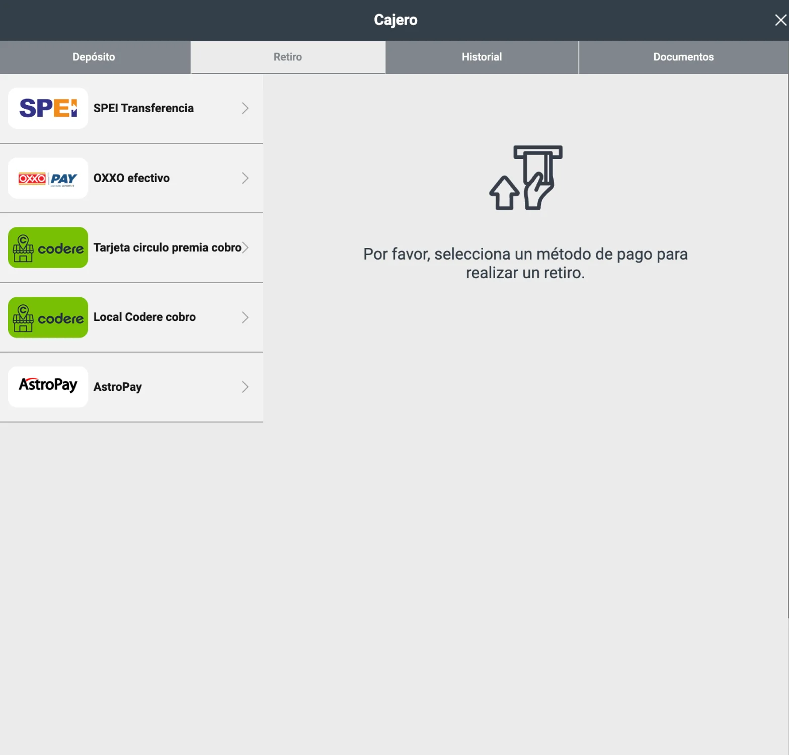 Métodos de retiro de Codere: SPEI, OXXO efectivo, tarjeta círculo premia, local Codere y AstroPay