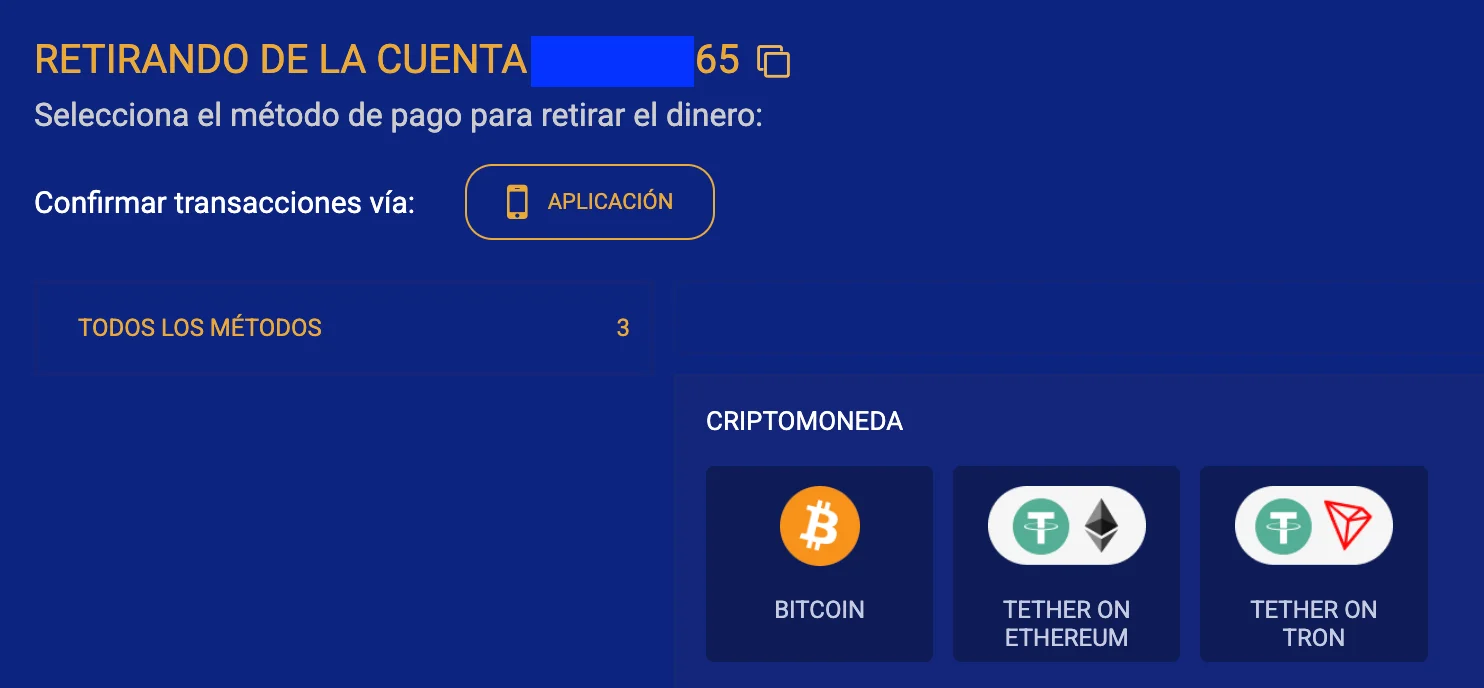Pantalla de retiro de Sapphirebet Mexico con solo tres metodos, todos criptomonedas